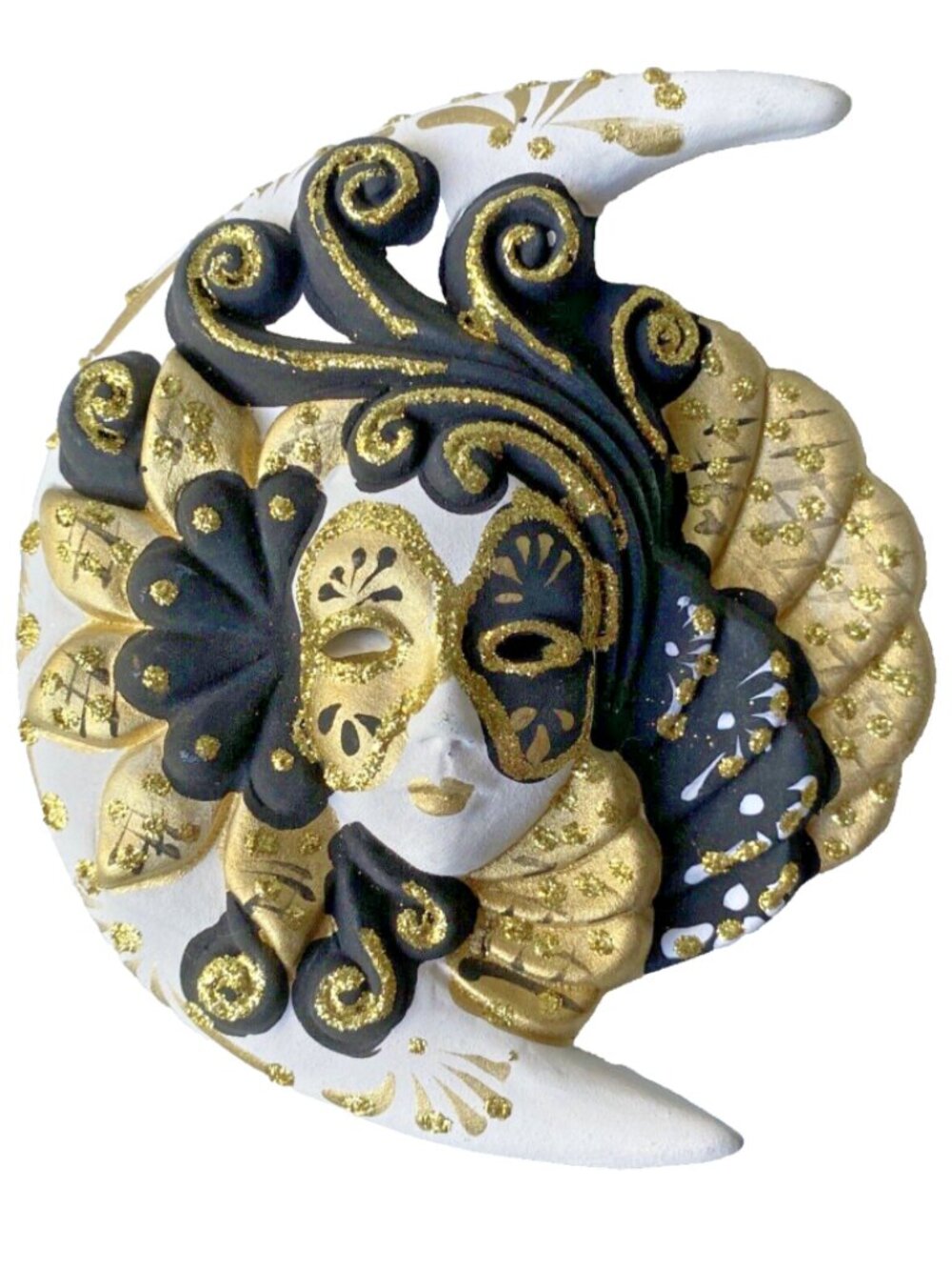 Venetian Crescent Moon Mask In Noctis Handcrafted Ceramic 5.5” Black & Gold